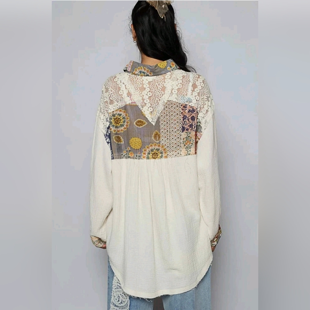 New!!! Pol Patchwork Lace Button Down Shirt - Cre… - image 2